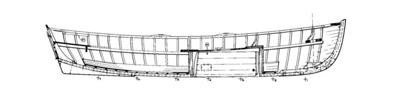 Black and white line drawing of the Catspaw Dinghy