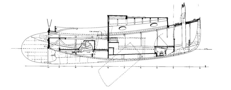 Line drawing of Wittholz Catboat plans inboard profile.