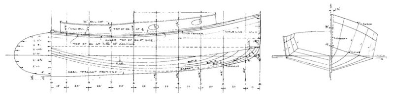 Line drawings for Wittholz Catboat sheer and body plans.