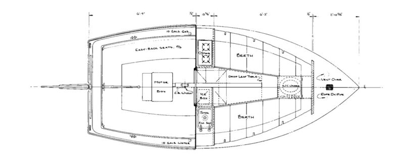 Line drawing showing arrangements for Wittholz Catboat plans.