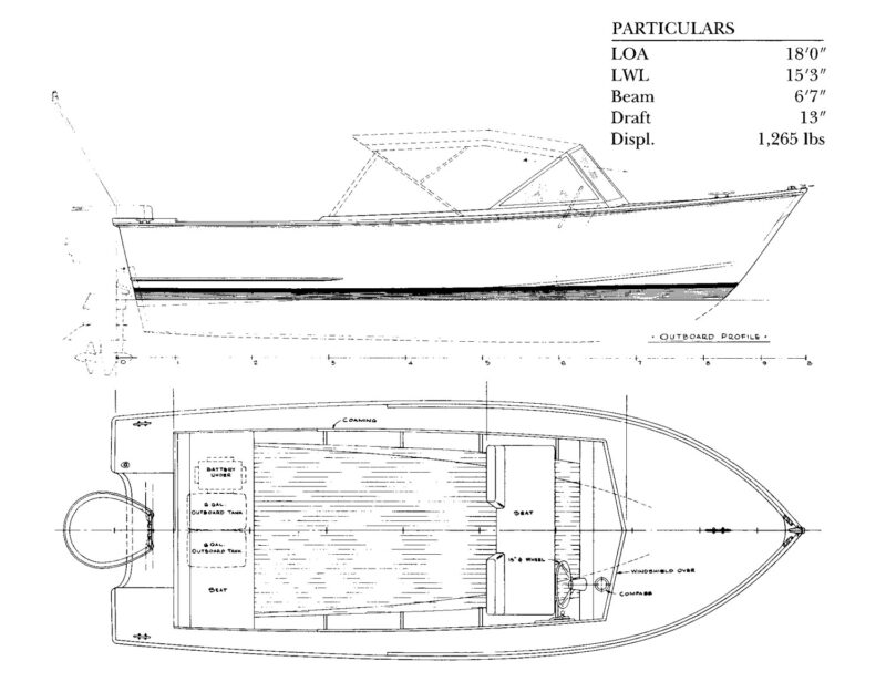 Particulars and line drawings from the 18' Downeaster Runabout plans.