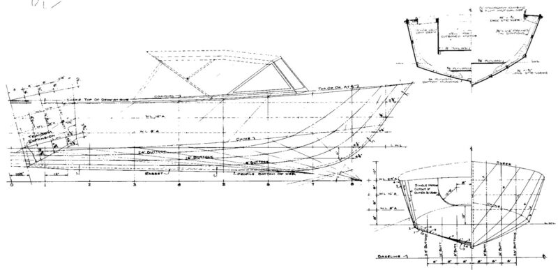 Line drawings for the Downeaster Runabout sheer and body plans.