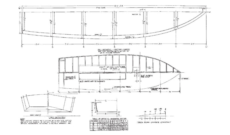 Line drawing particulars for the Geary 18 dinghy.