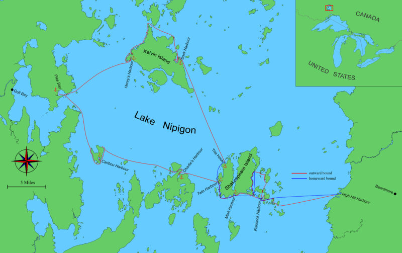 Map of Lake Nipigon and surrounding islands.