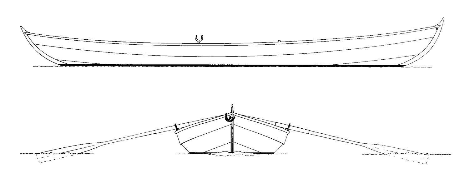 Line drawing of outboard profile for Shearwater design plans.