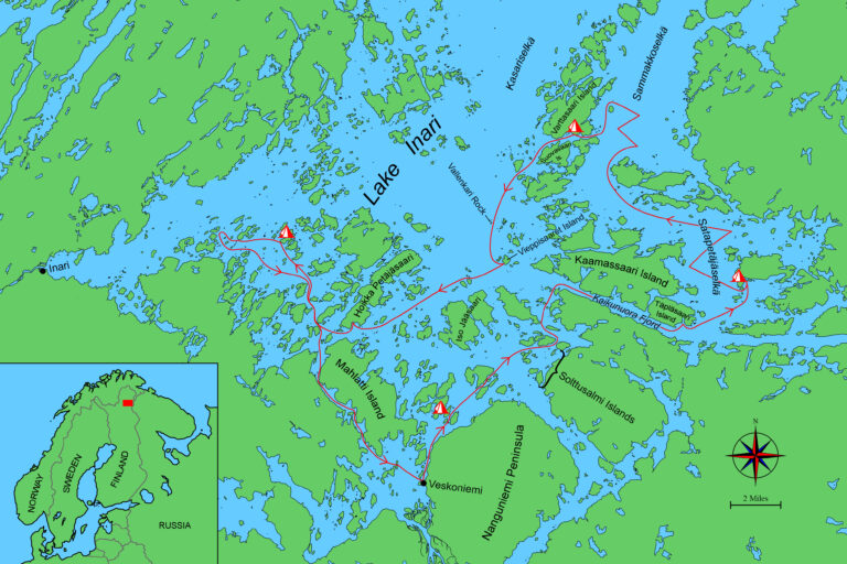 Map of Lake Inari and surrounding areas.