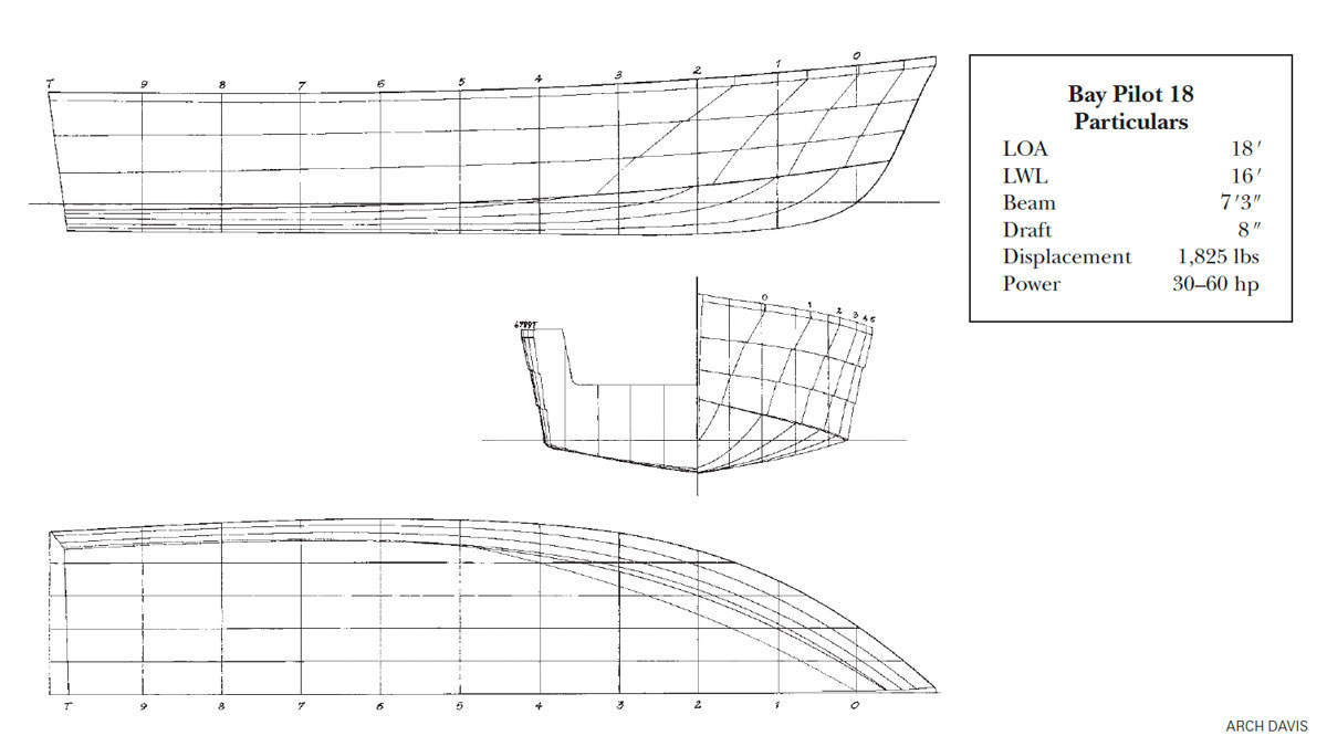 Particulars and line drawings of the Bay Pilot 18 powerboat.