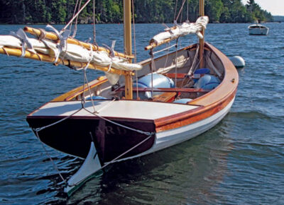 Rear view of a Coquina yacht in the water.