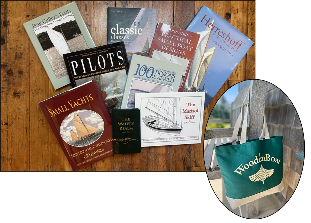 Nine boating books with wood background next to image of green WoodenBoat tote bag.