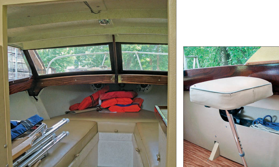 Interview view of a powerboat's cabin and helmsman's chair.