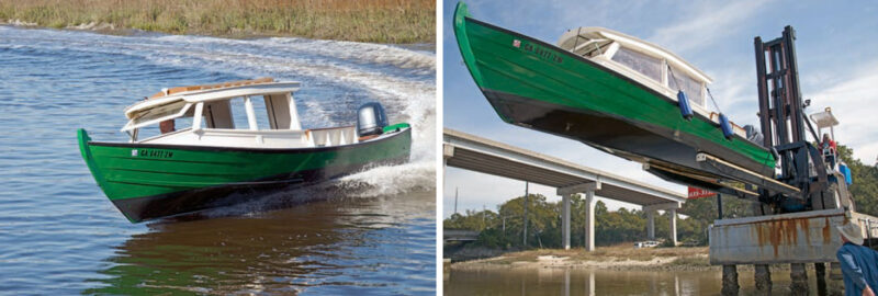 Photos of the OTTER outboard-powered launch riding in the water and being raised by a forklift.