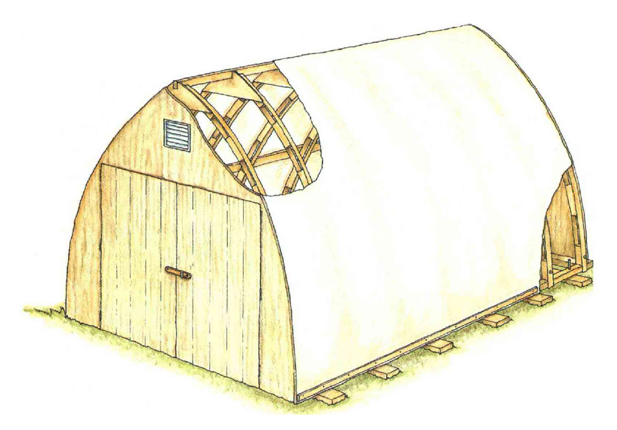 Bow roofed shed illustration with portion of roof missing to show construction.