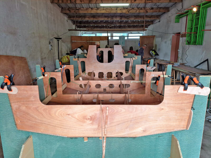 Female molds and plywood bulkheads of Voilier Nord Bassin under construction