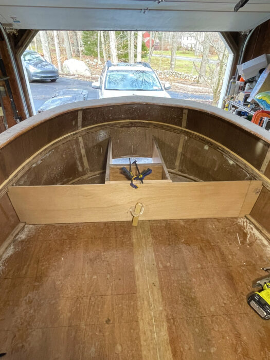 Cockpit and motor well of Candu E-Z Mini Tugboat under construction.