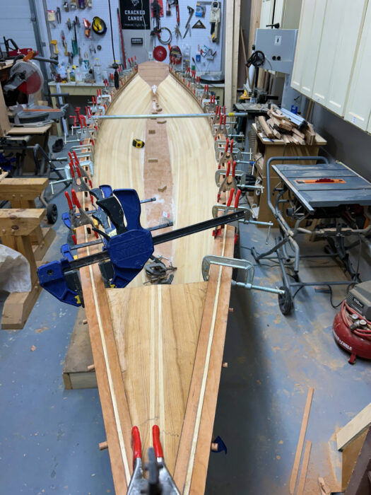 Fitting gunwales on Liz Pulling Boat
