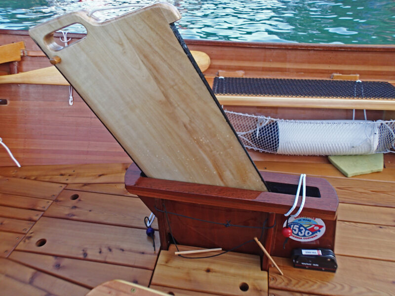 Pivoting wooden daggerboard in raised position