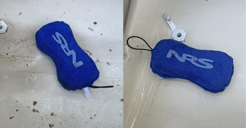Sunfish bilge showing before and after cleaning with NRS Deluxe Boat Sponge