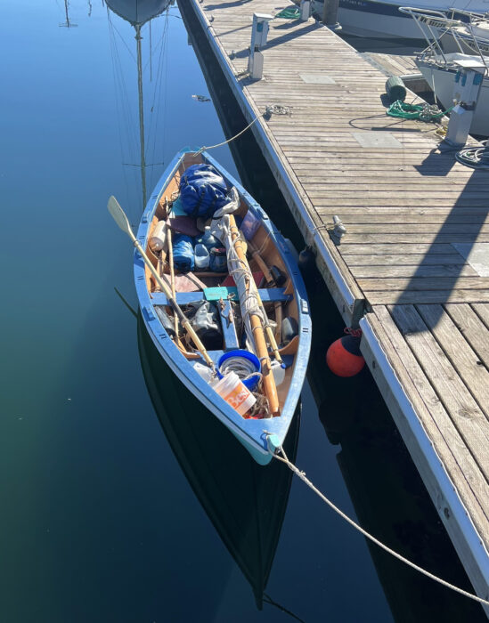 Laden Swampscott Dory alongside wooden dock