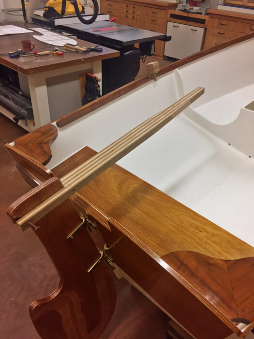 Guppy 9 stern with varnished transom, knees, thwart, rudder, and tiller