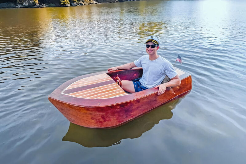 The designer and builder of STELLA ROSE, a diminutive, but classic, runabout