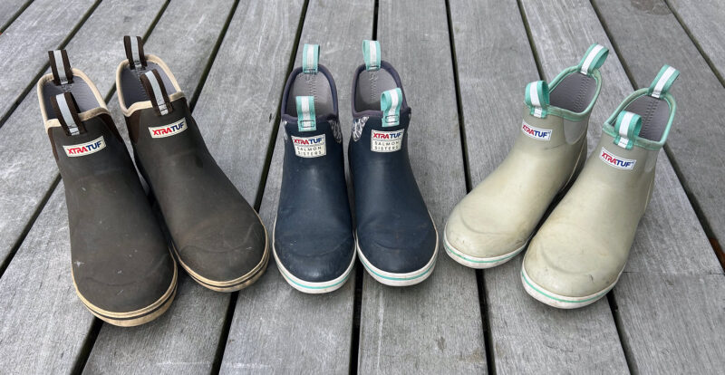 Xtratuf Ankle Deck Boots for men and women in brown, blue, and gray