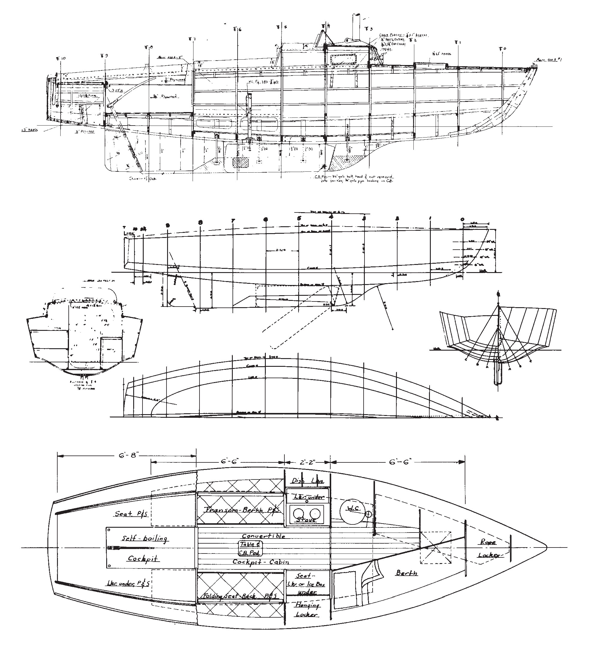 Three-berth layout of the Amphibi-ette sailboat.