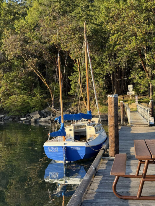 Small cruising sailboat alongside float in evening sun.