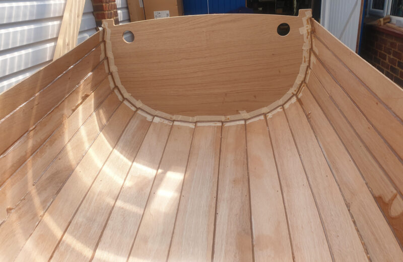Inside a planked-up Barrowboat hull.