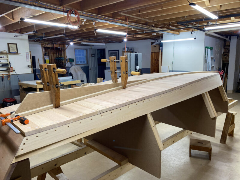 The hull of Richard Kolin's Heidi skiff is built upside down