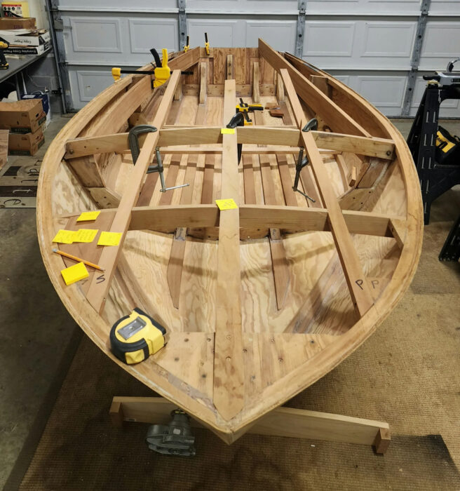 Wooden boat under construction.