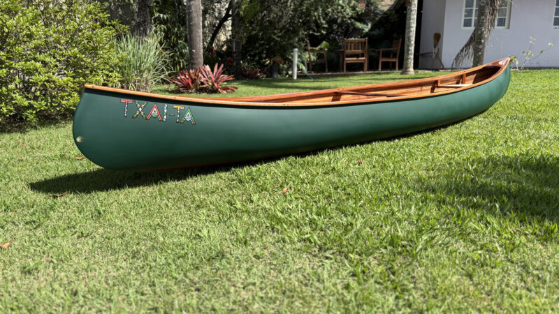 Painted Puddle Duck canoe on grass.