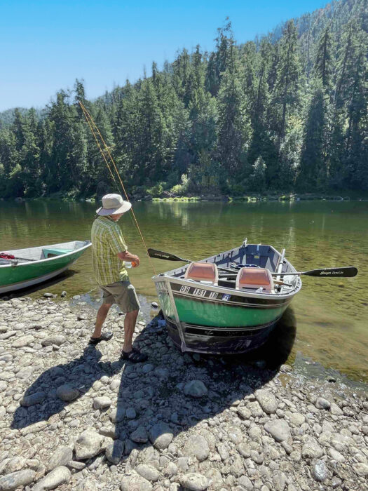 Getting a driftboat ready for a day of fly fishing.