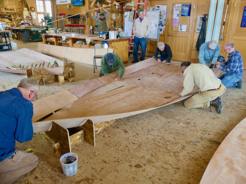 Assembling the bottom and garboard panels of an Old Salt 15.