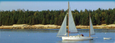 White sailing yacht towing a small white dinghy with a rocky, tree-lined beach in the background.