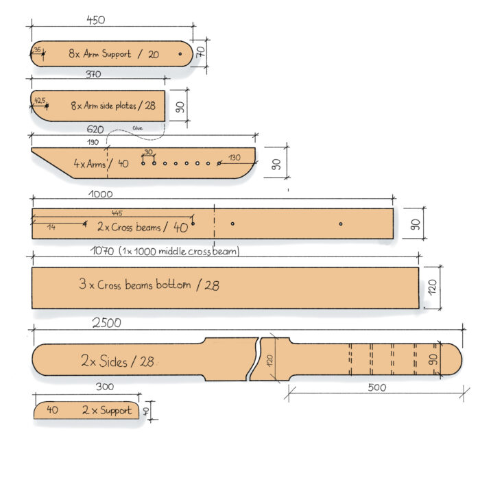 Boat stand parts with metric dimensions.