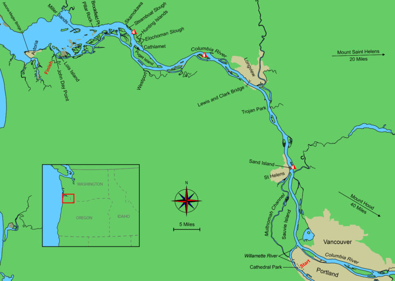 Map of the Columbia River from Portland to Astoria.