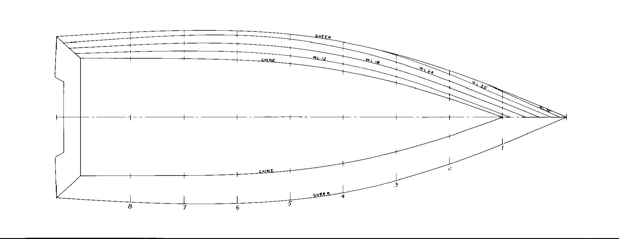 Line drawing of a small wooden boat hull.