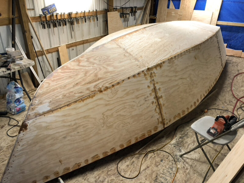 Inverted Glen-L 19 stitch-and-glue hull under construction