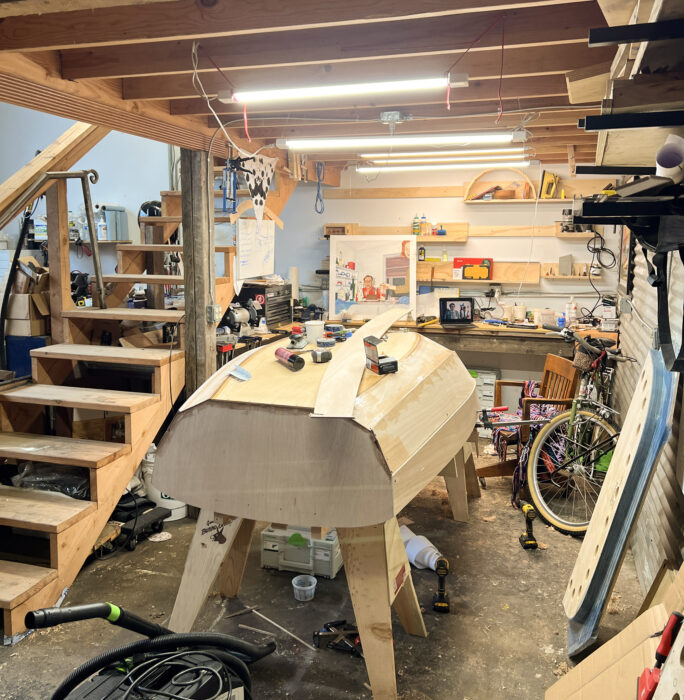 Upturned Nutshell Pram under construction.