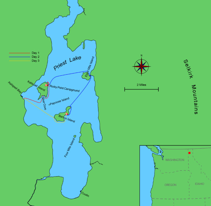 Map of sailing route in Priest Lake, Idaho.
