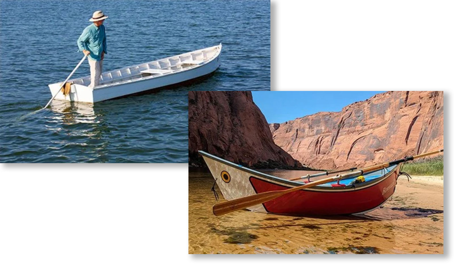 During the WoodenBoat Show speaker series this year, Albert Pollard will present the Chesapeake sculling method (left), while David Sianez will discuss design and construction techniques for constructing a solo whitewater dory (right).