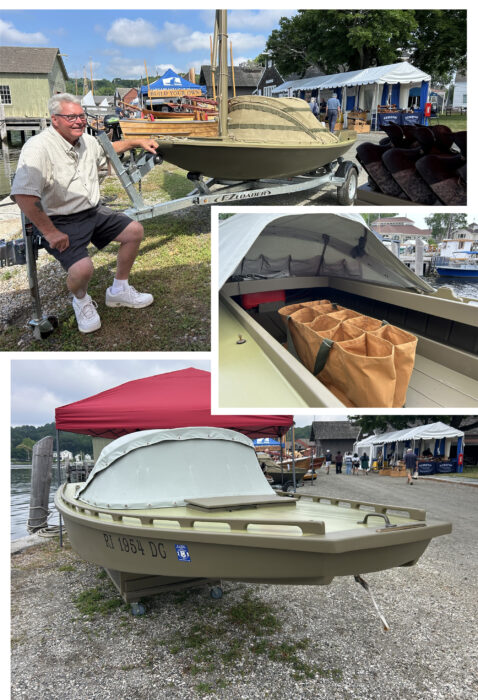 Green-painted duckboats with decoy bags at The WoodenBoat Show.